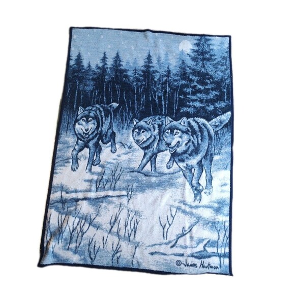 Vintage Biederlack Fleece Blanket James Hartman Wolf Wolves Blue USA